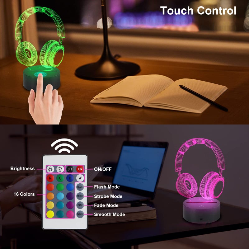 AZIMOM Headphone Headset 3D Illusion Lamp 16Color Night Light,Smart Touch Sensor & Remote Control Bedside Lamps Home Decoration Kids Boys Girls Women Birthday Gifts - Image 3